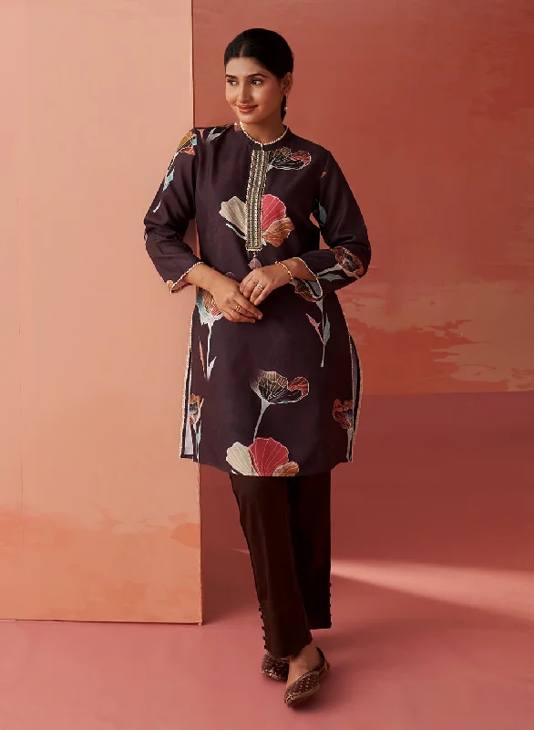 Sameen Chocolate Brown Printed Cotton Linen Kurti