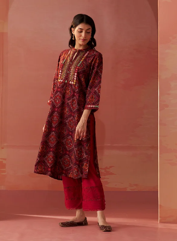 Samiya Wine Printed Chanderi Kurta