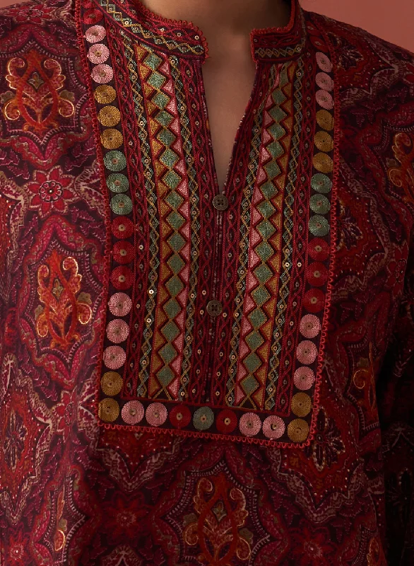 Samiya Wine Printed Chanderi Kurta