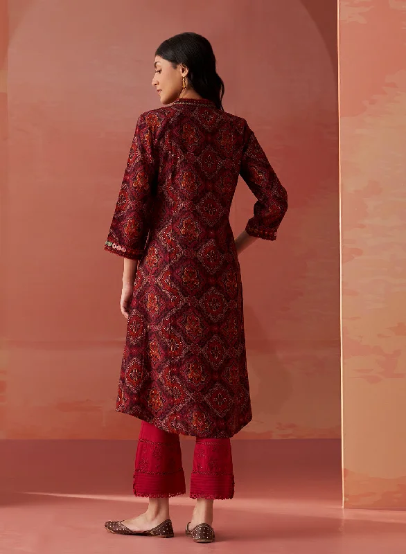 Samiya Wine Printed Chanderi Kurta