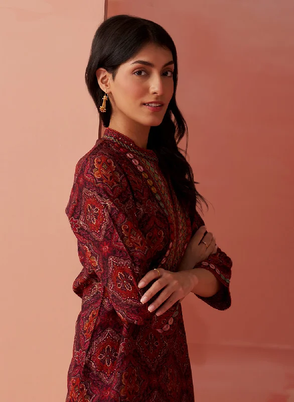 Samiya Wine Printed Chanderi Kurta