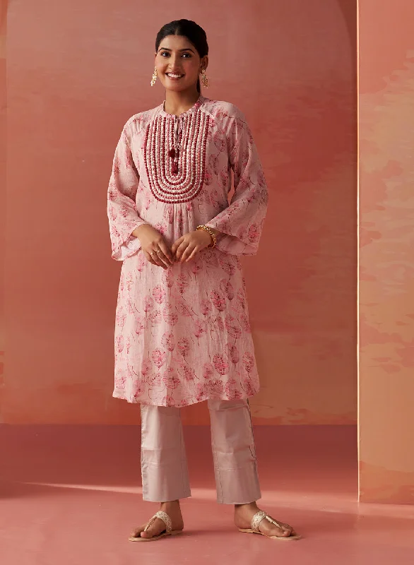 Sana Light Pink Printed Chiffon Embroidered Straight Kurti