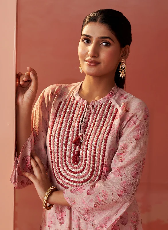 Sana Light Pink Printed Chiffon Embroidered Straight Kurti