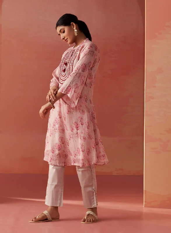 Sana Light Pink Printed Chiffon Embroidered Straight Kurti