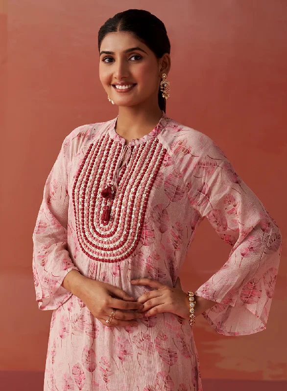 Sana Light Pink Printed Chiffon Embroidered Straight Kurti