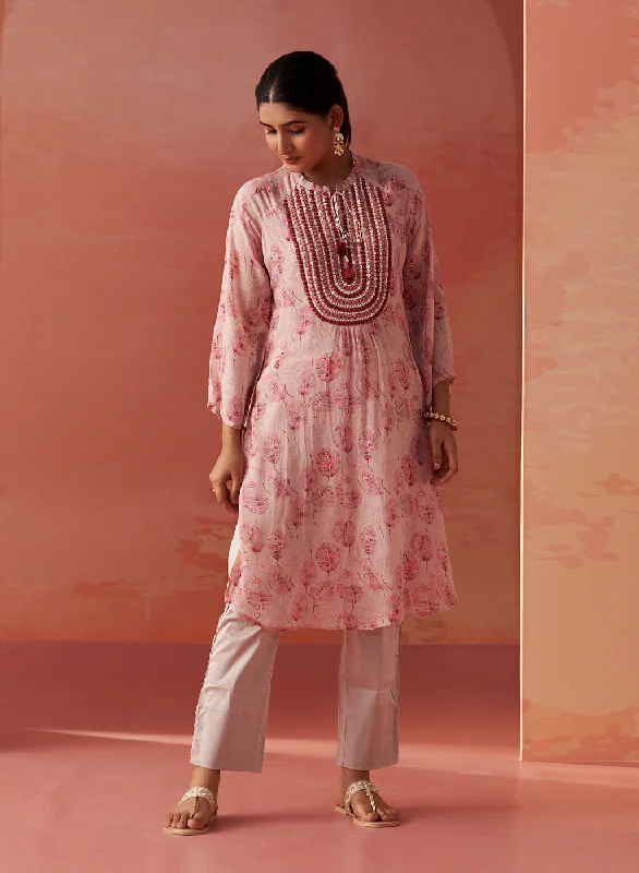 Sana Light Pink Printed Chiffon Embroidered Straight Kurti