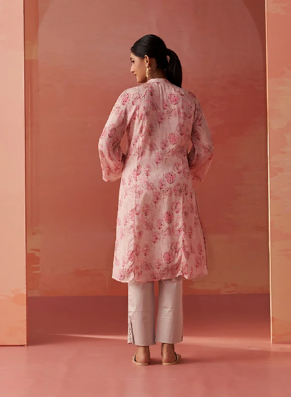 Sana Light Pink Printed Chiffon Embroidered Straight Kurti