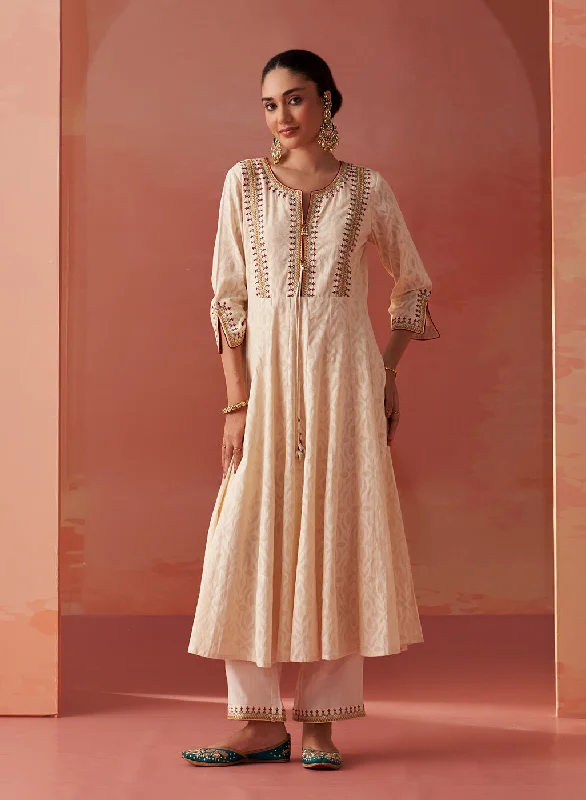 Shazia Cream Brown Embroidered Cotton Kurta Set for Women