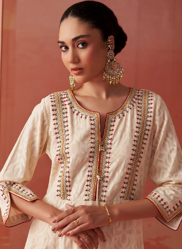 Shazia Cream Brown Embroidered Cotton Kurta Set for Women