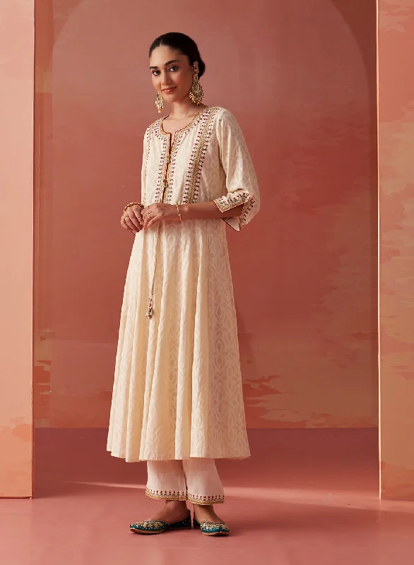 Shazia Cream Brown Embroidered Cotton Kurta Set for Women