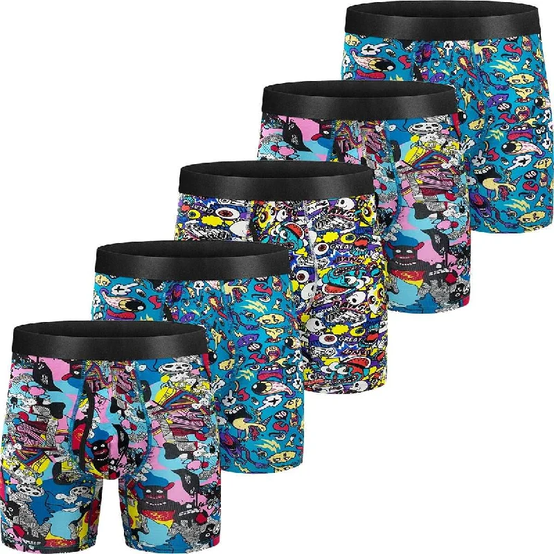 5 pcs Cartoon Print Men's Boxer Briefs - 100% Cotton Underwear - Regular Stretch Elastic Wide Band