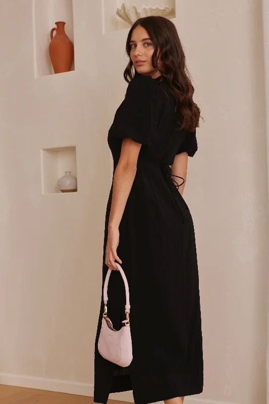 Elder Black Puff Sleeve Tie Midi Dress