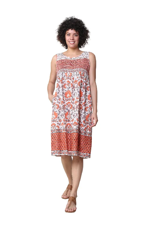 La Cera 100% Cotton Coral Floral Sleeveless Dress