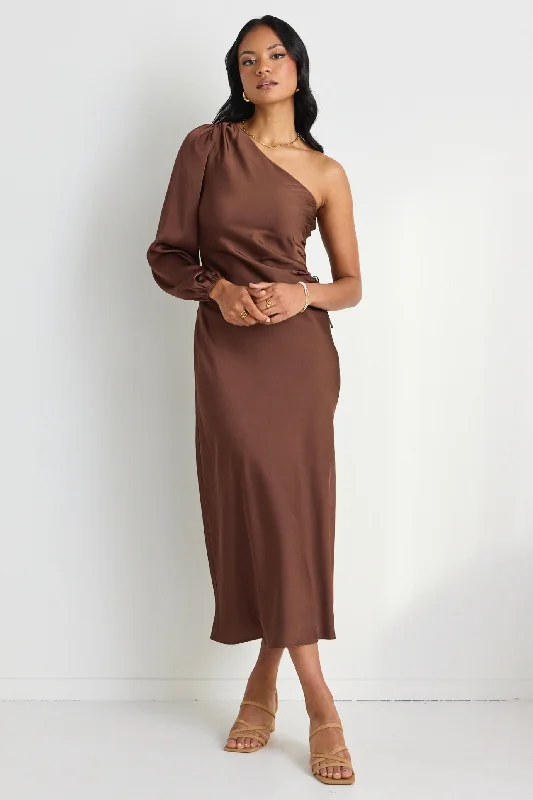 Mythical Chocolate Satin One Shoulder LS Midi Dress