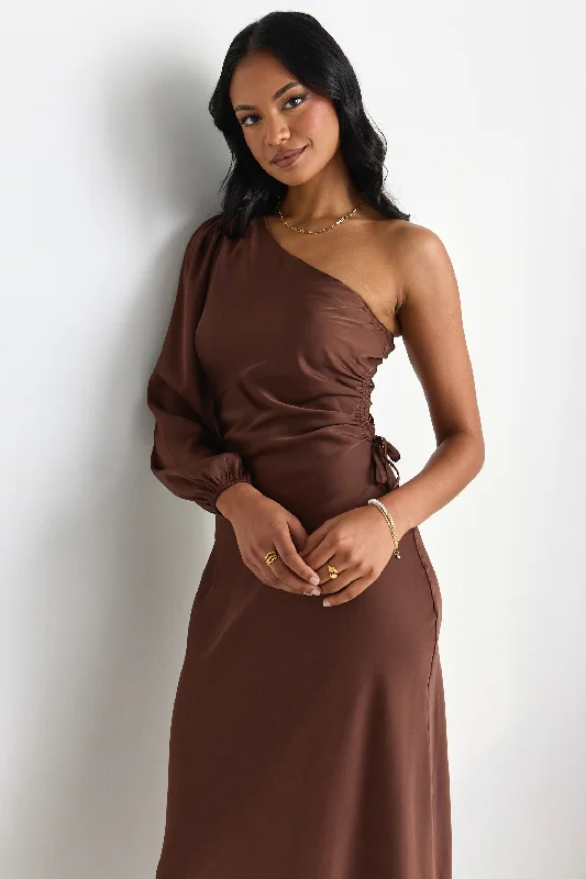 Mythical Chocolate Satin One Shoulder LS Midi Dress