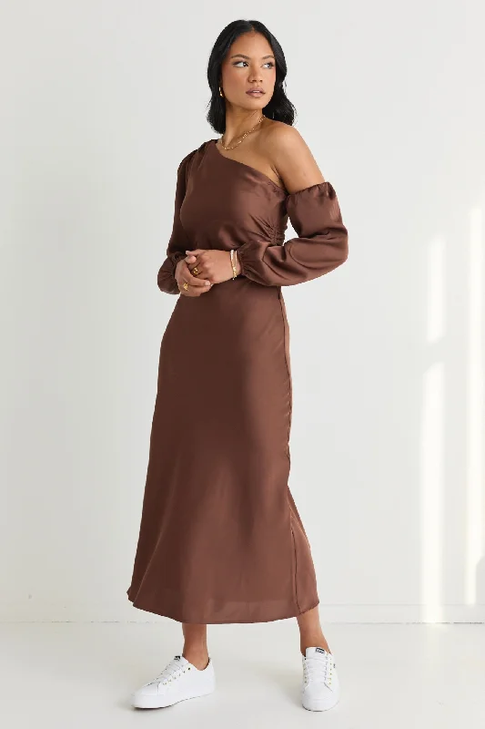 Mythical Chocolate Satin One Shoulder LS Midi Dress