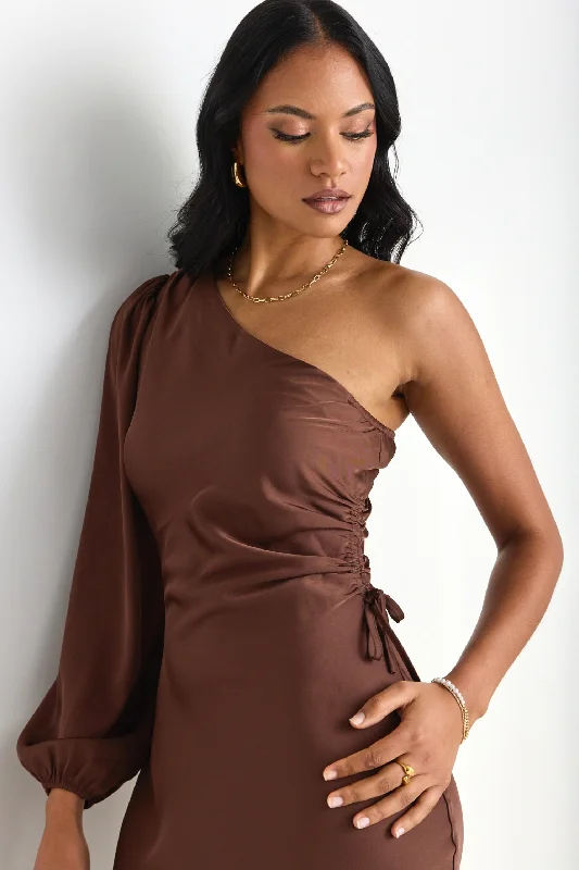 Mythical Chocolate Satin One Shoulder LS Midi Dress