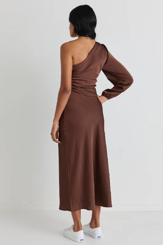 Mythical Chocolate Satin One Shoulder LS Midi Dress