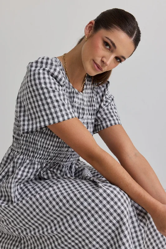 Wren Black Gingham SS Shirred Bodice Midi Dress