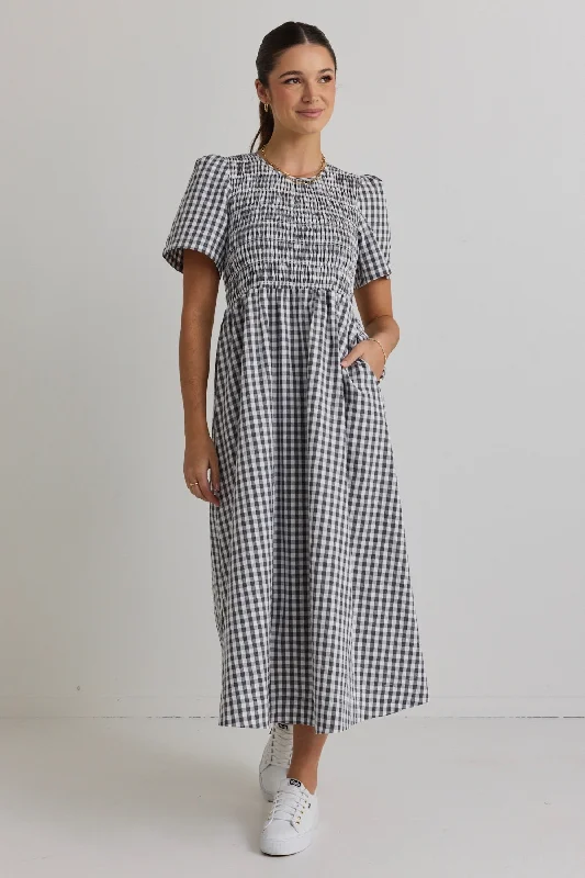 Wren Black Gingham SS Shirred Bodice Midi Dress