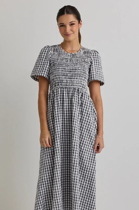 Wren Black Gingham SS Shirred Bodice Midi Dress