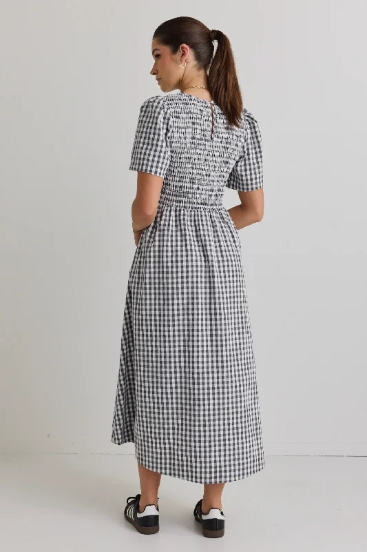 Wren Black Gingham SS Shirred Bodice Midi Dress