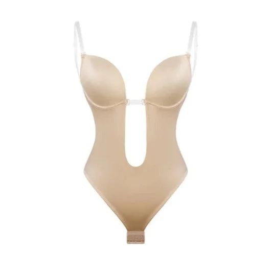 Plunge Low-back Body Suit Backless Body Suit Thong with Clear Straps