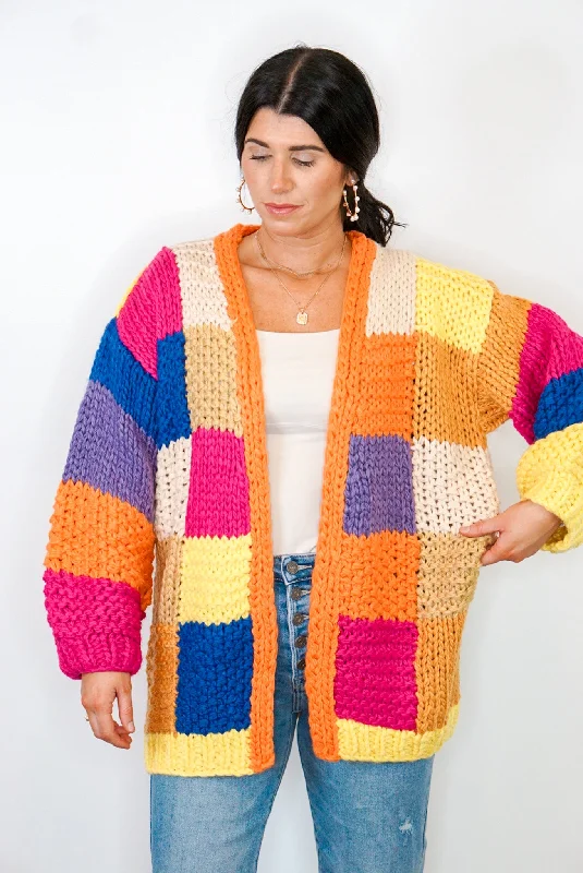 Crocheted Colorblock Chunky Knit Cardigan