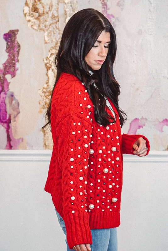 Embellished Pearl Red Knit Cardigan