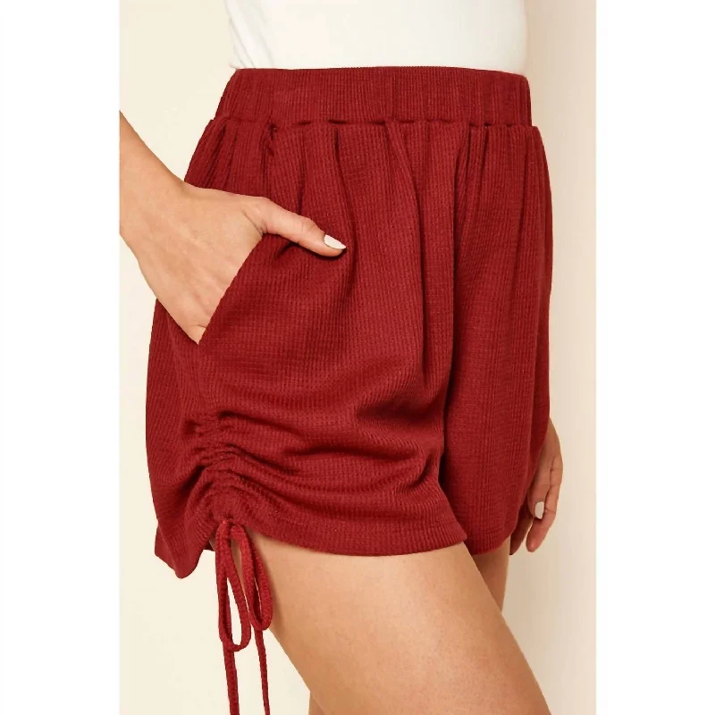 Good Days Ruched Waffle Knit Shorts In Cherry