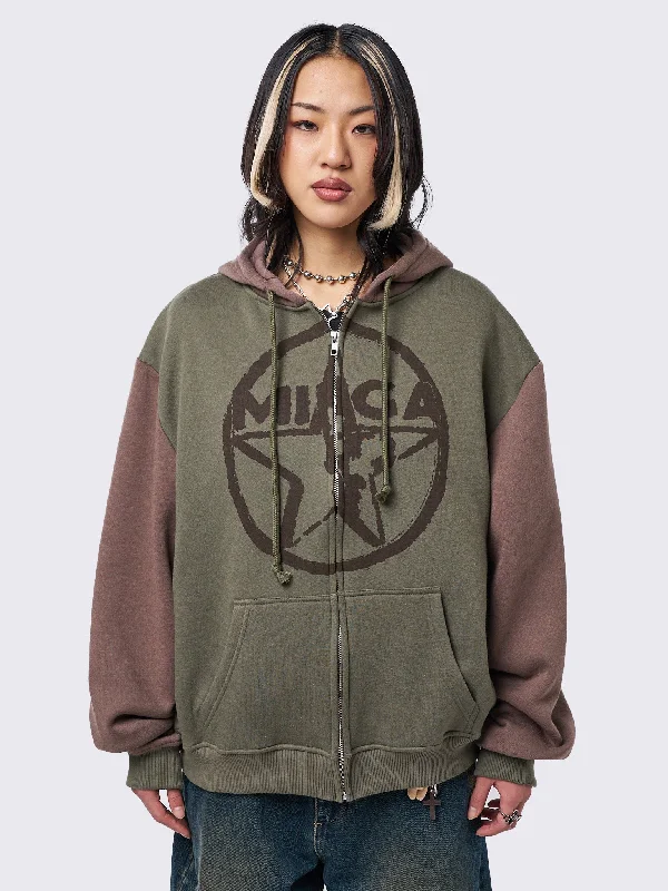 Minga Star Khaki Brown Zip Up Hoodie