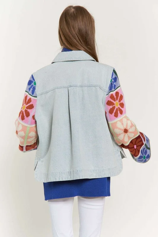 Sweater Trends Floral Sleeve Denim Jacket