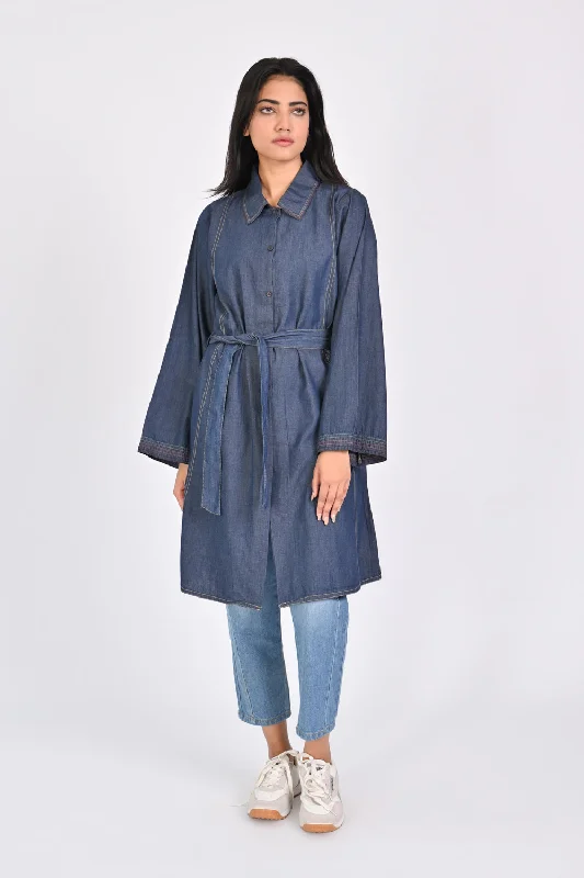 LONG DENIM DRESS WITH TOPSTITCH DETAIL