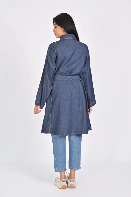 LONG DENIM DRESS WITH TOPSTITCH DETAIL