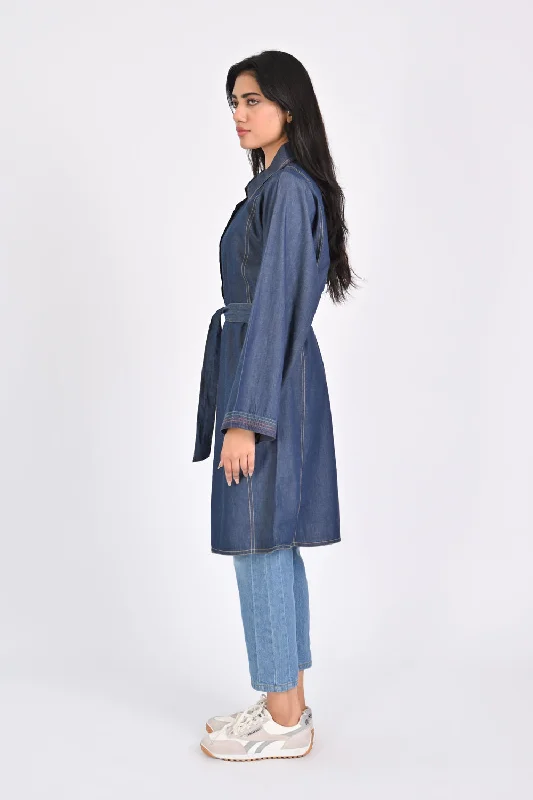 LONG DENIM DRESS WITH TOPSTITCH DETAIL