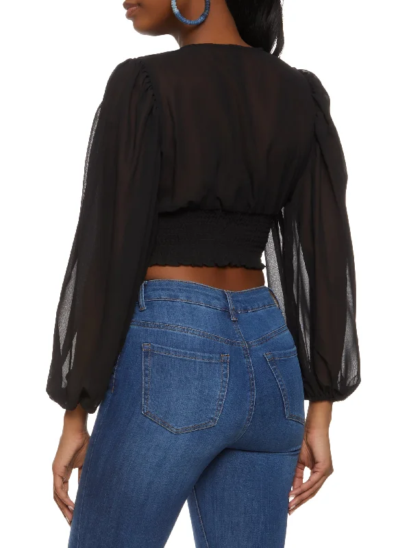 Pleated Button Front Cropped Blouse