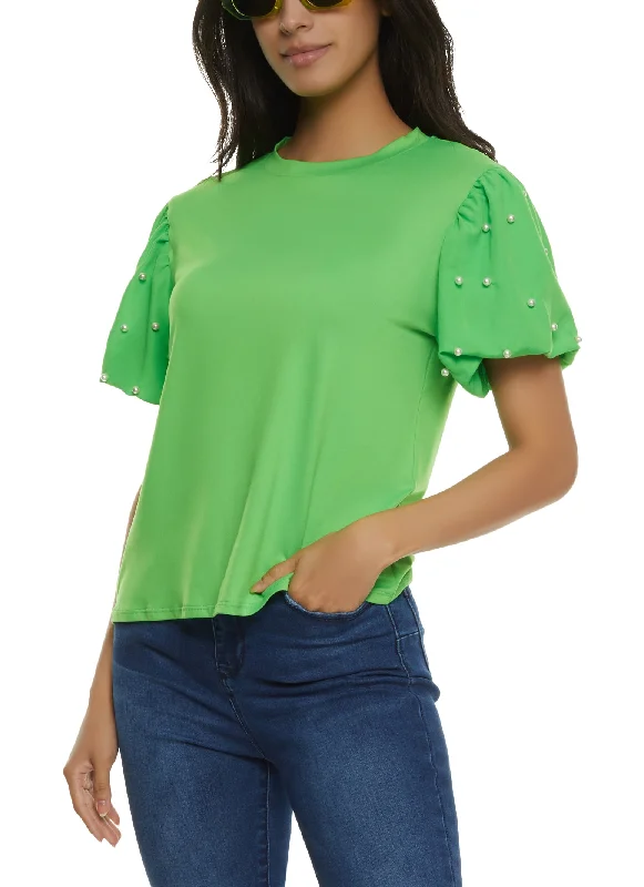 Faux Pearl Puff Sleeve Crew Neck Top