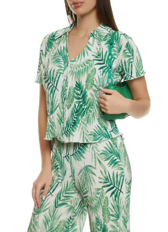 Plisse Palm Print Button Front Shirt