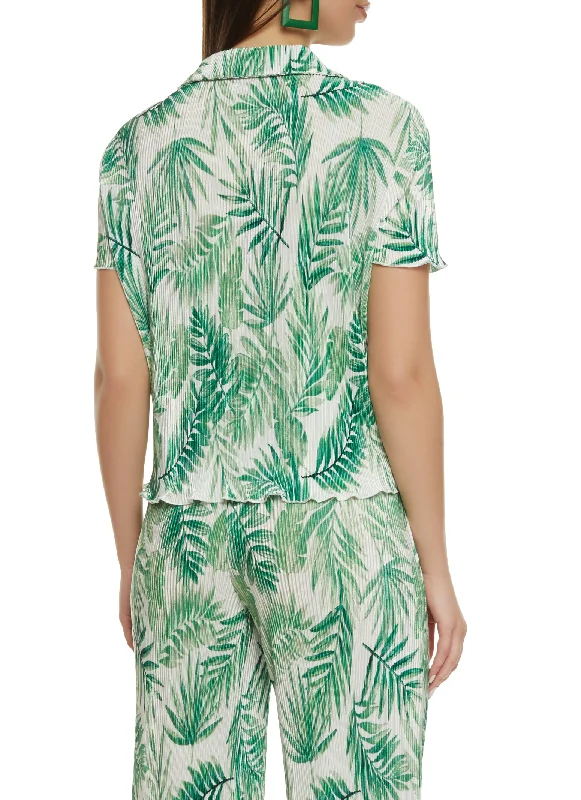 Plisse Palm Print Button Front Shirt