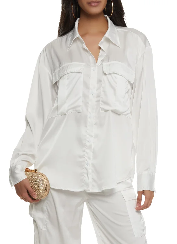 Satin Button Front Cargo Pocket Shirt