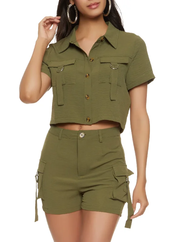 Cargo Pocket Button Front Cropped Shirt