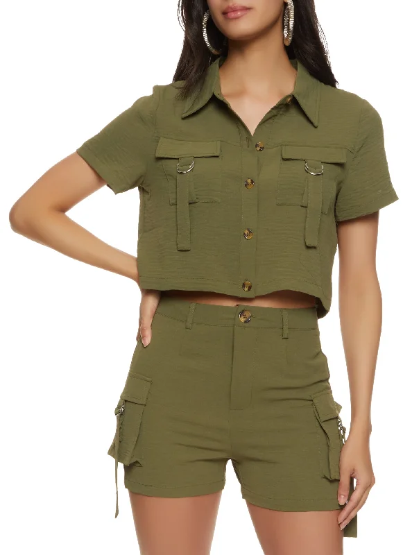 Cargo Pocket Button Front Cropped Shirt