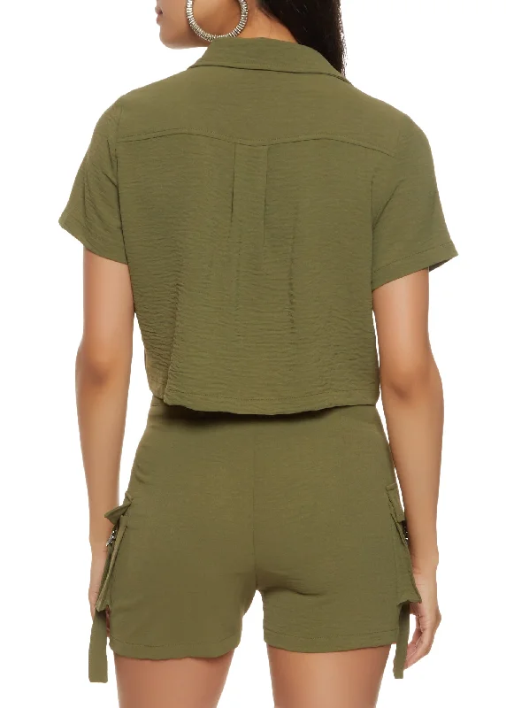 Cargo Pocket Button Front Cropped Shirt