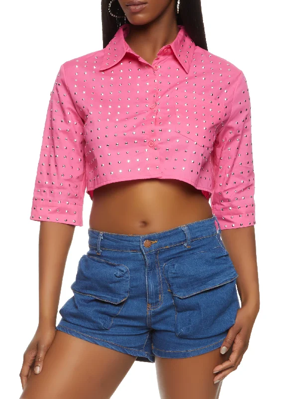 Studded Quarter Sleeve Cropped Shirt