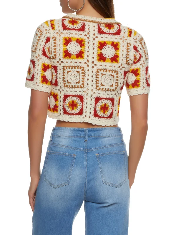 Patterned Crochet Cropped Button Front Shirt