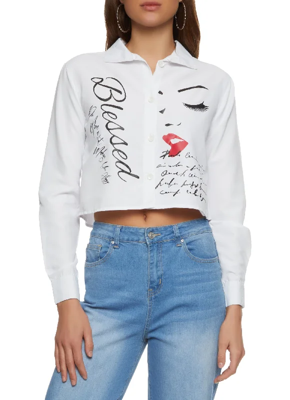 Blessed Button Front Cropped Shirt