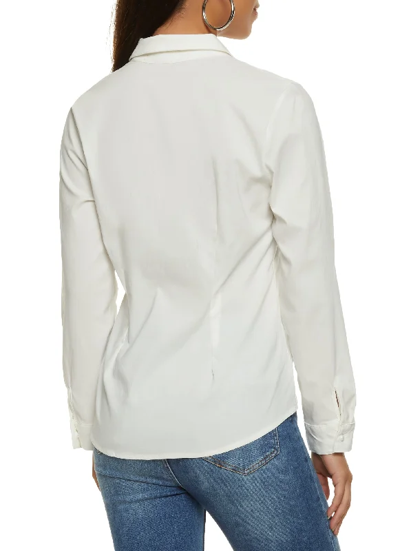 Long Sleeve Faux Pearl Button Front Shirt