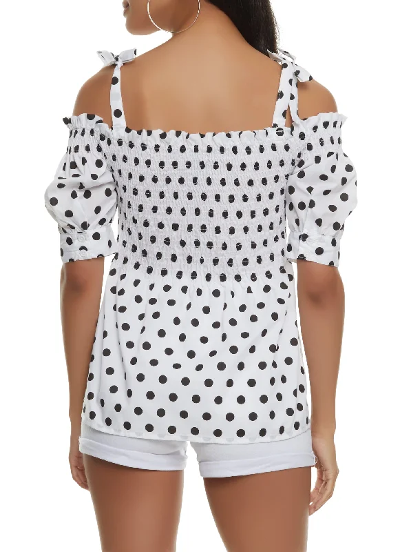 Polka Dot Smocked Cold Shoulder Top