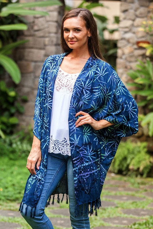 Denpasar Lady in Blue Leaf Motif Batik Rayon Kimono Jacket in Blue from Bali